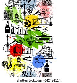 Portugal seamless pattern. Portuguese national traditional symbols and objects.