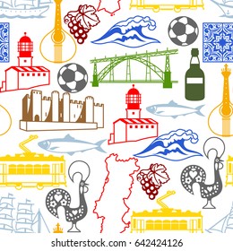 Portugal seamless pattern. Portuguese national traditional symbols and objects.