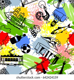 Portugal seamless pattern. Portuguese national traditional symbols and objects.