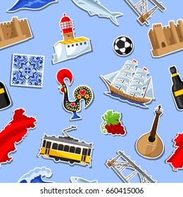 Portugal seamless pattern with stickers. Portuguese national traditional symbols and objects.