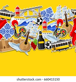 Portugal seamless pattern with stickers. Portuguese national traditional symbols and objects.