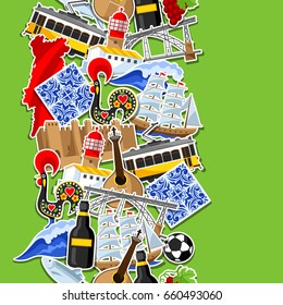 Portugal seamless pattern with stickers. Portuguese national traditional symbols and objects.