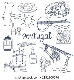 Portugal. Set of portuguese elements - fado guitar, tram, tiles azulejo, port wine, sardines, seafood, map, sunshine, Belem tower, rooster, Dom Luís I Bridge, pastel de nata. Hand drawn illustrations