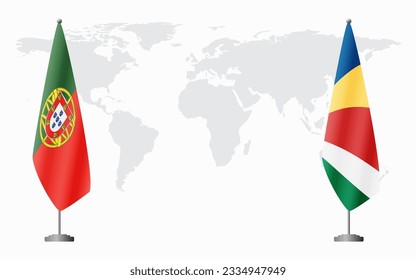 Portugal and Seychelles flags for official meeting against background of world map.