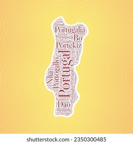 Portugal shape formed by country name in multiple languages. Portugal border on stylish striped gradient background. Vibrant poster. Amazing vector illustration.