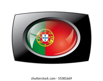 Portugal shiny button flag with black frame -  vector illustration. Isolated abstract object against white background.