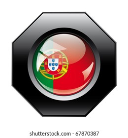 Portugal shiny button flag with black frame -  vector illustration. Isolated abstract object against white background.