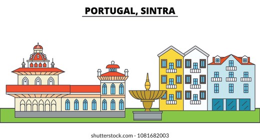 Portugal, Sintra. City skyline, architecture, buildings, streets, silhouette, landscape, panorama, landmarks. Editable strokes. Flat design line vector illustration concept. Isolated icons