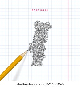 Portugal sketch scribble map drawn on checkered school notebook paper background. Hand drawn vector map of Portugal. Realistic 3D pencil.