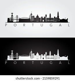 Skyline und Wahrzeichen von Portugal Silhouette, schwarz-weißes Design, Vektorgrafik.