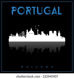 Portugal, skyline silhouette vector design on parliament blue and black background.