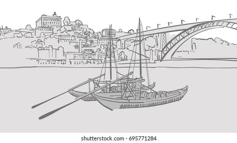 Portugal Skyline Vector Sketch, hand-drawn outline Illustration in landscape format