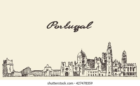 Portugal skyline, vintage vector engraved illustration, hand drawn, sketch