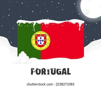 Portugal snowy weather concept, cold weather and snowfall, Portugal weather forecast winter banner idea, snow cap on flag with snowballs and moon, blizzard and adverse weather conditions