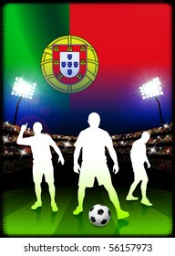 Portugal Soccer Player with Flag on Stadium Background Original Illustration