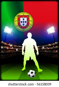 Portugal Soccer Player with Flag on Stadium Background Original Illustration