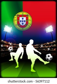 Portugal Soccer Player with Flag on Stadium Background Original Illustration