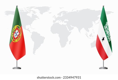 Portugal and Somaliland flags for official meeting against background of world map.