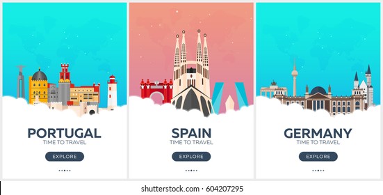 Portugal, Spain, Germany. Time to travel. Set of Travel posters. Vector flat illustration