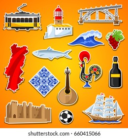 Portugal stickers set. Portuguese national traditional symbols and objects.