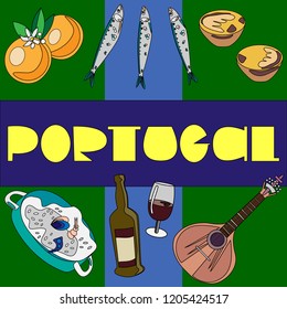 Portugal symbols picture with flat style elements.  Fine for souvenirs, wrap paper, stationary, travel brochures, and textile prints.