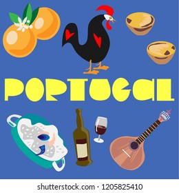 Portugal symbols picture with flat style elements.  Fine for souvenirs, wrap paper, stationary, travel brochures, and textile prints.