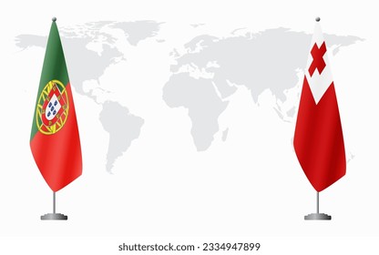 Portugal and Tonga flags for official meeting against background of world map.
