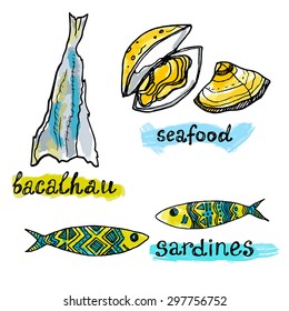 Portugal traditional fish and seafood icons 