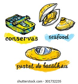 Portugal traditional fish and seafood icons 