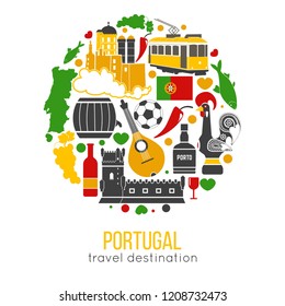 Portugal traditional objects collection in circle on white.