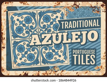 Portugal travel, azulejo tiles, metal plate rusty, vector retro poster. Portuguese ceramic tiles with national ornament pattern, Portugal culture and tradition symbol, European cities travel