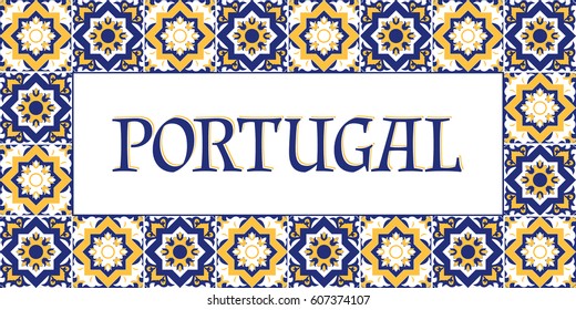 Portugal travel banner vector. Tourism typography design with azulejos tiles pattern frame.