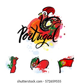 Portugal The Travel Destination logo . Illustration of decorated Barcelos rooster symbol. hand-drawn lettering with watercolor elements