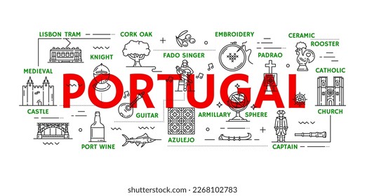 Portugal reist Ikonen von Lissabonner Wahrzeichen und portugiesischen Tourismus Vektorsymbol. Portugal Reise- und Sehenswürdigkeiten Symbole der Straßenbahn, Burgen und Lissaboner Hahn-Symbol, Kultur, Tradition und Azulejo Kunst