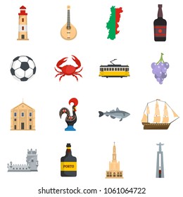 Portugal travel icons set. Flat illustration of 16 Portugal travel vector icons isolated on white background