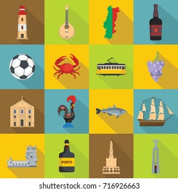 Portugal travel icons set. Flat illustration of 16 Portugal travel vector icons for web