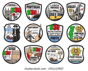 Portugal travel and landmark vector icons. Lisbon, Portuguese map and flag, tram and food, landmark buildings and culture, rooster symbol and Porto sea tours, Sintra city and music symbols