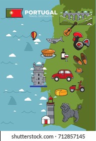 Portugal travel tourism poster template of vector tourist landmarks attraction map