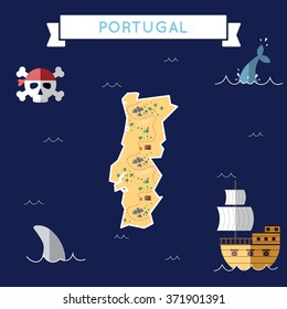Portugal treasure map in flat design. Colorful cartoon treasure map of Portugal with flat design icons of pirate ship and jolly roger. Portugal flat design vector illustration.