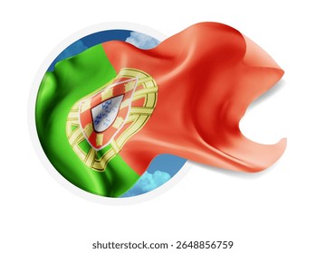 Portugal, vetor 3d bandeira contra um céu azul, através de um buraco redondo em um fundo branco