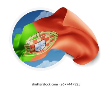 Portugal, vector 3d flag against a blue sky, through a round hole on a white background