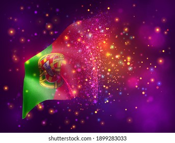 Portugal, bandera vectorial 3d sobre fondo púrpura rosa con iluminación y bengalas