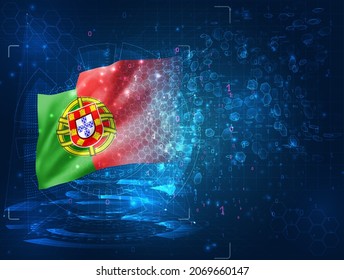 Portugal, vector 3d flag on blue background with hud interfaces