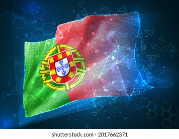 Portugal, vector flag, virtual abstract 3D object from triangular polygons on a blue background