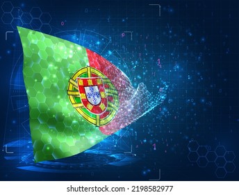 Portugal, Vektorflagge, virtuelles abstraktes 3D-Objekt aus dreieckigen Polygonen auf blauem Hintergrund