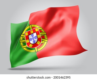 Portugal, vector flag with waves and bends waving in the wind on a white background.