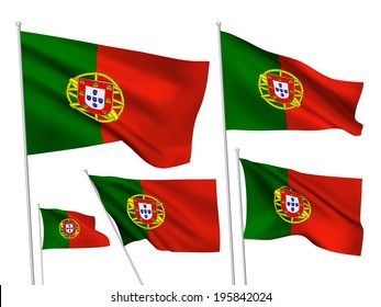 Portugal vector flags set. 5 wavy 3D pennants fluttering on the wind. EPS 8 created using gradient meshes isolated on white background. Five fabric flagstaff design elements from world collection