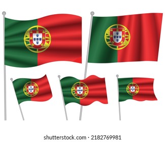 Portugal vector flags set. 5 wavy 3D pennants fluttering on the wind. EPS 10 created using gradient meshes isolated on white background. Five fabric flagstaff design elements from world collection
