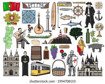 Portugal vector icons with isolated Portuguese travel landmarks. Lisbon tram, flag, Porto bridge and castle. Sardine, port wine, fado guitar and map, rooster, azulejo tiles, lighthouse, pasteis tart