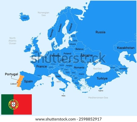 Portugal vector map, Europe. Editable Vector map silhouette illustration isolated on Europe, highlighted at Portugal, with flag, country name, border, and capital city.
